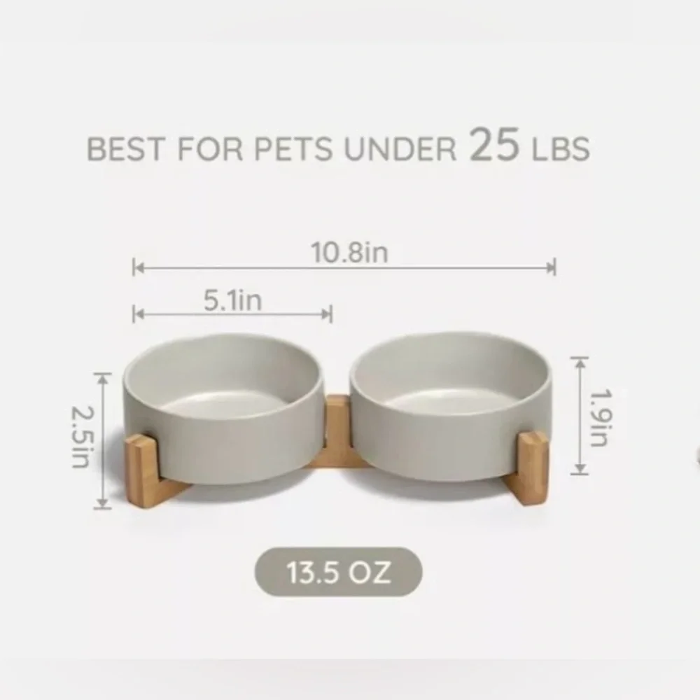 SPUNKYJUNKY Ceramic Dog and Cat Bowl with Wood Stand Non-Slip